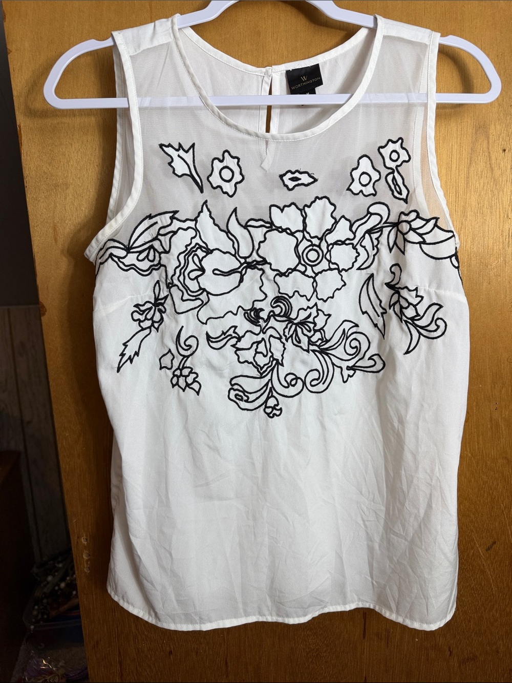 Worthington White Sleeveless Top with Black Floral Outline
